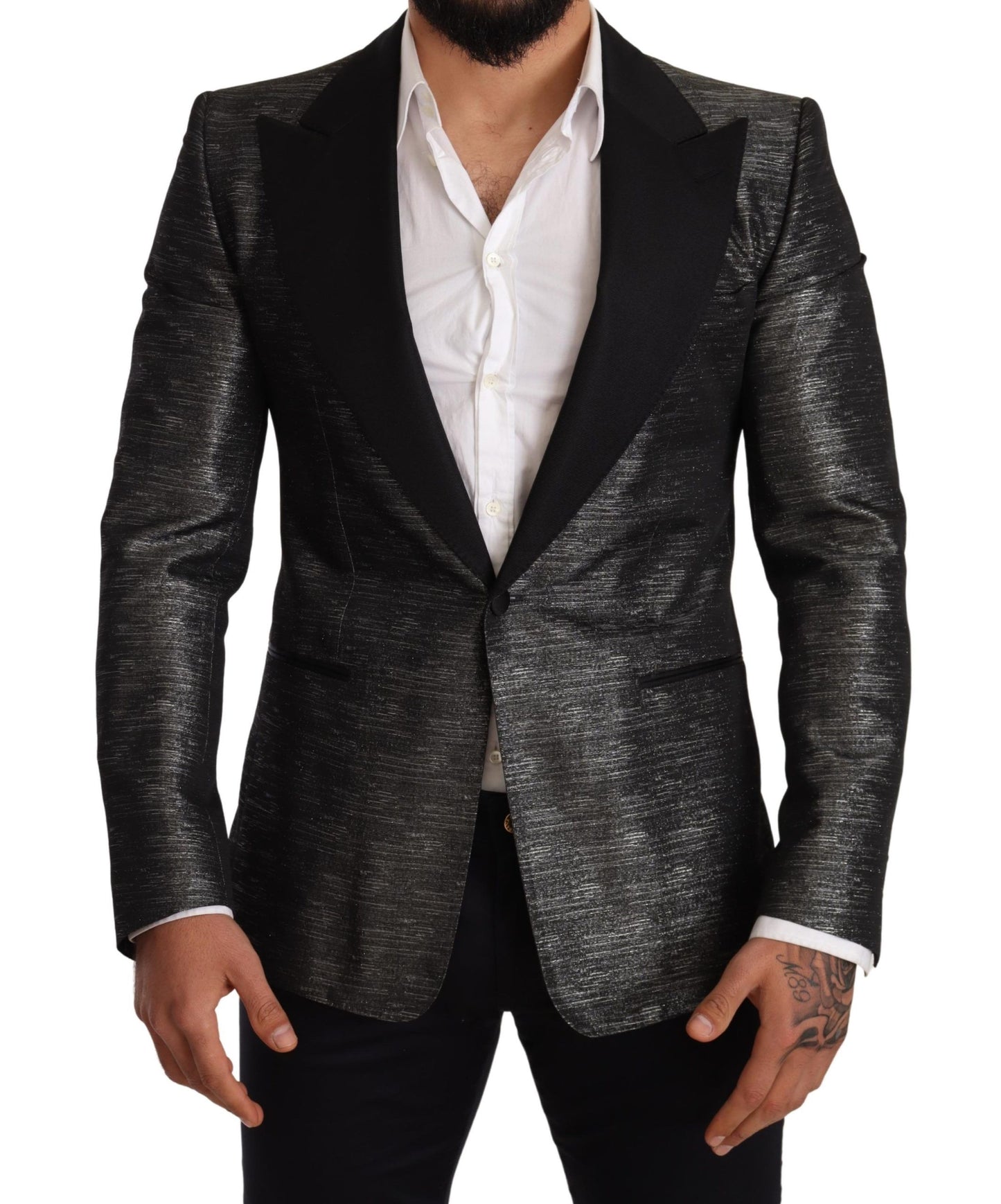 Dolce & Gabbana, blazer de smoking slim gris métallisé noir.