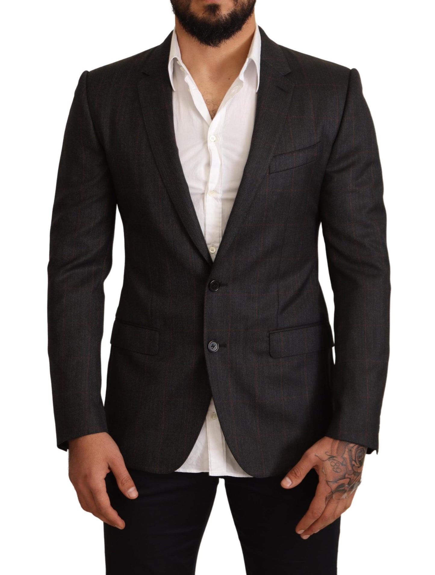 Dolce & Gabbana - Blazer en laine à carreaux gris, coupe ajustée