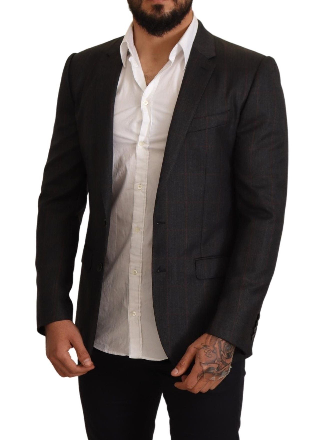 Dolce & Gabbana - Blazer en laine à carreaux gris, coupe ajustée