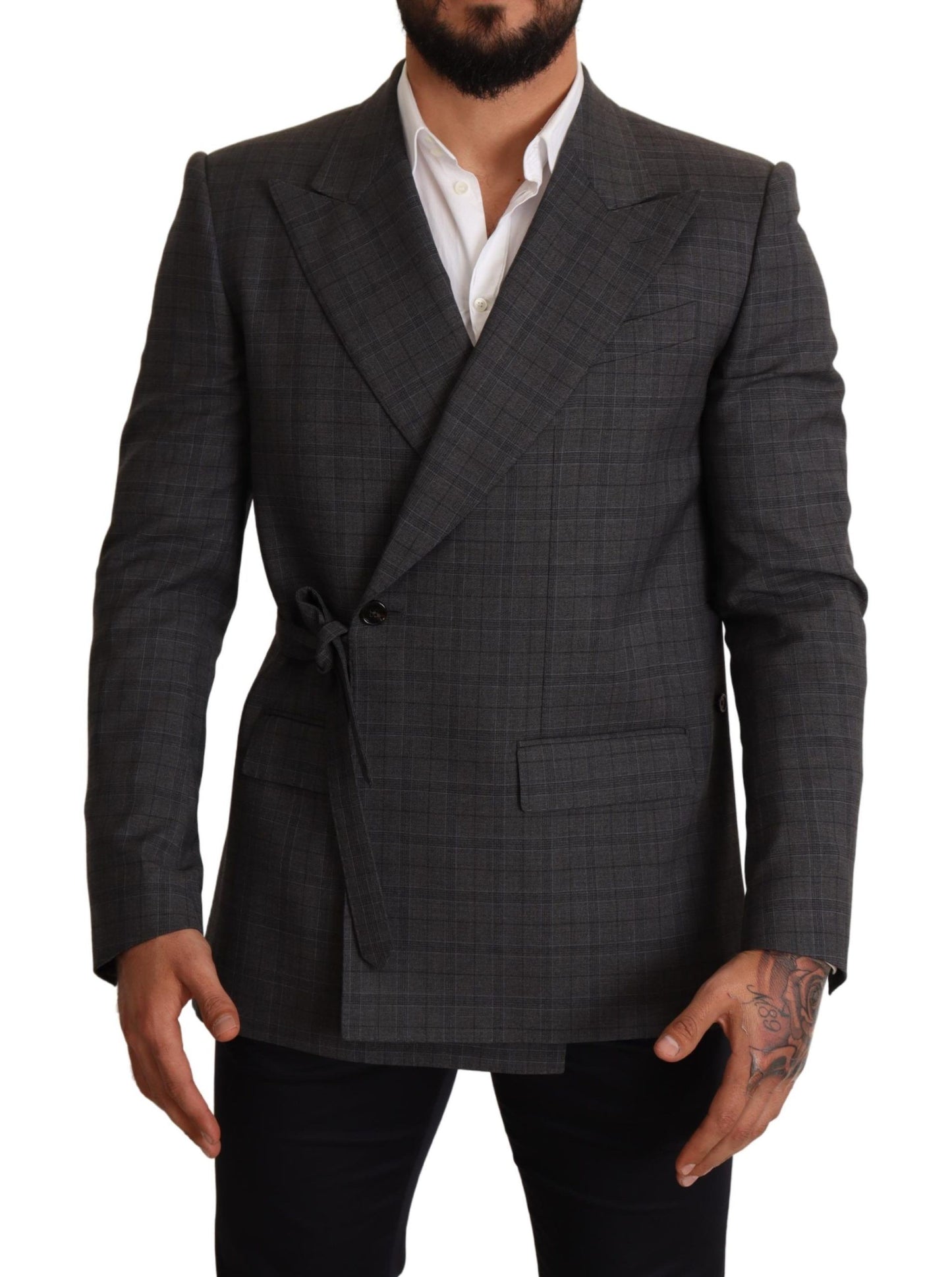 Dolce & Gabbana - Blazer en laine à carreaux gris, coupe ajustée