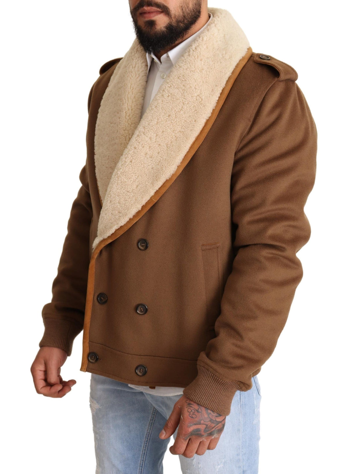 Dolce & Gabbana, manteau-veste en peau de mouton bicolore marron à double boutonnage
