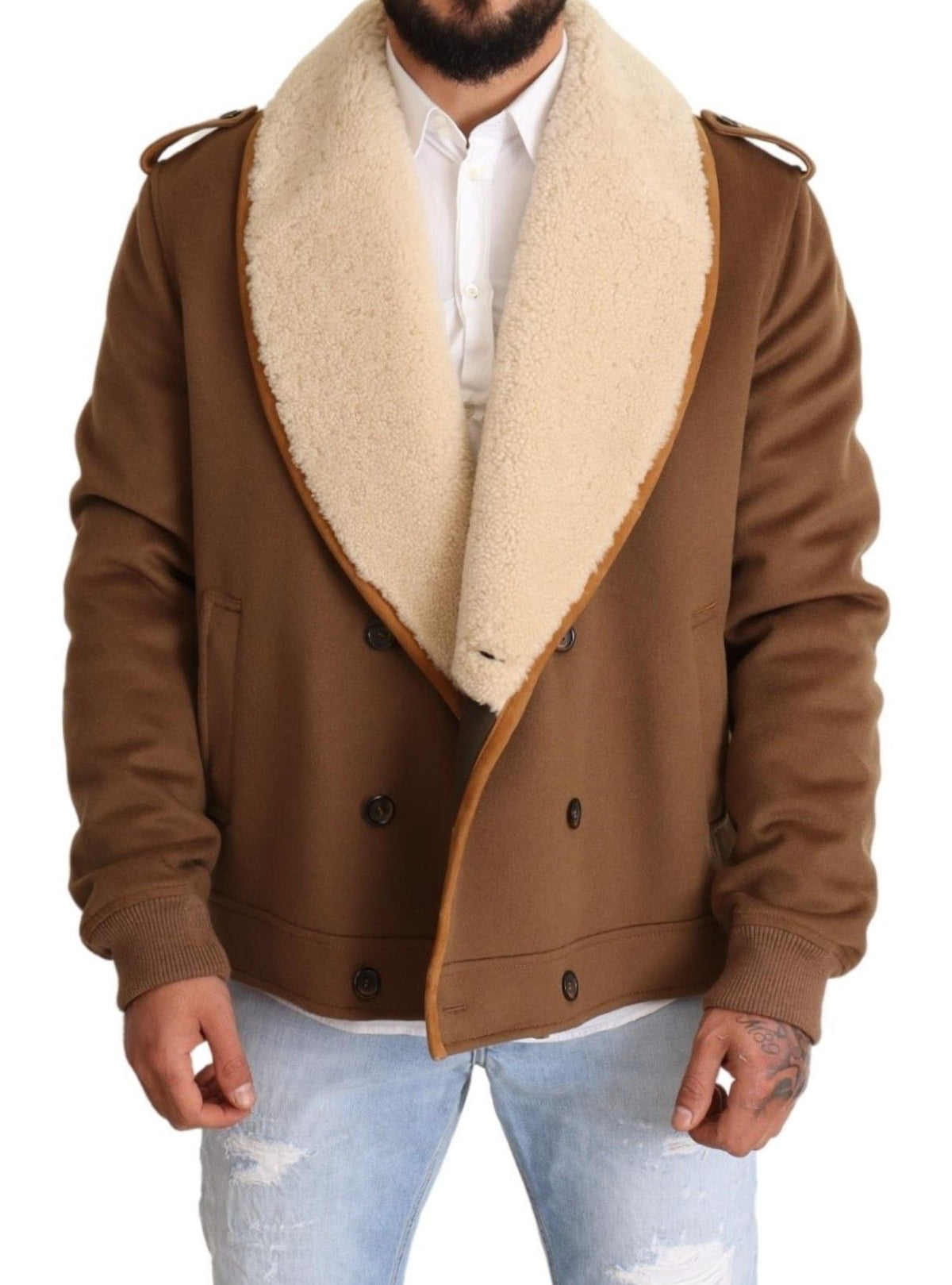 Dolce & Gabbana, manteau-veste en peau de mouton bicolore marron à double boutonnage