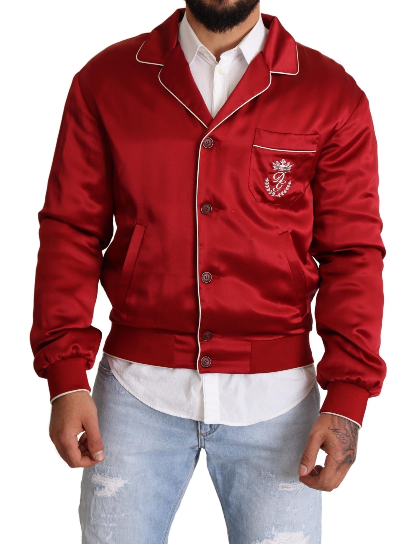 Bomber Jacket en Soie Rouge à Boutons avec Logo DG de Dolce & Gabbana