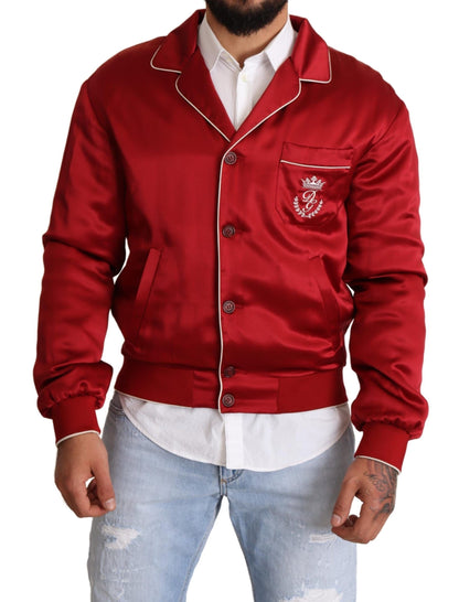 Bomber Jacket en Soie Rouge à Boutons avec Logo DG de Dolce & Gabbana