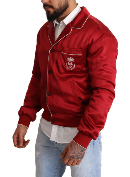 Bomber Jacket en Soie Rouge à Boutons avec Logo DG de Dolce & Gabbana