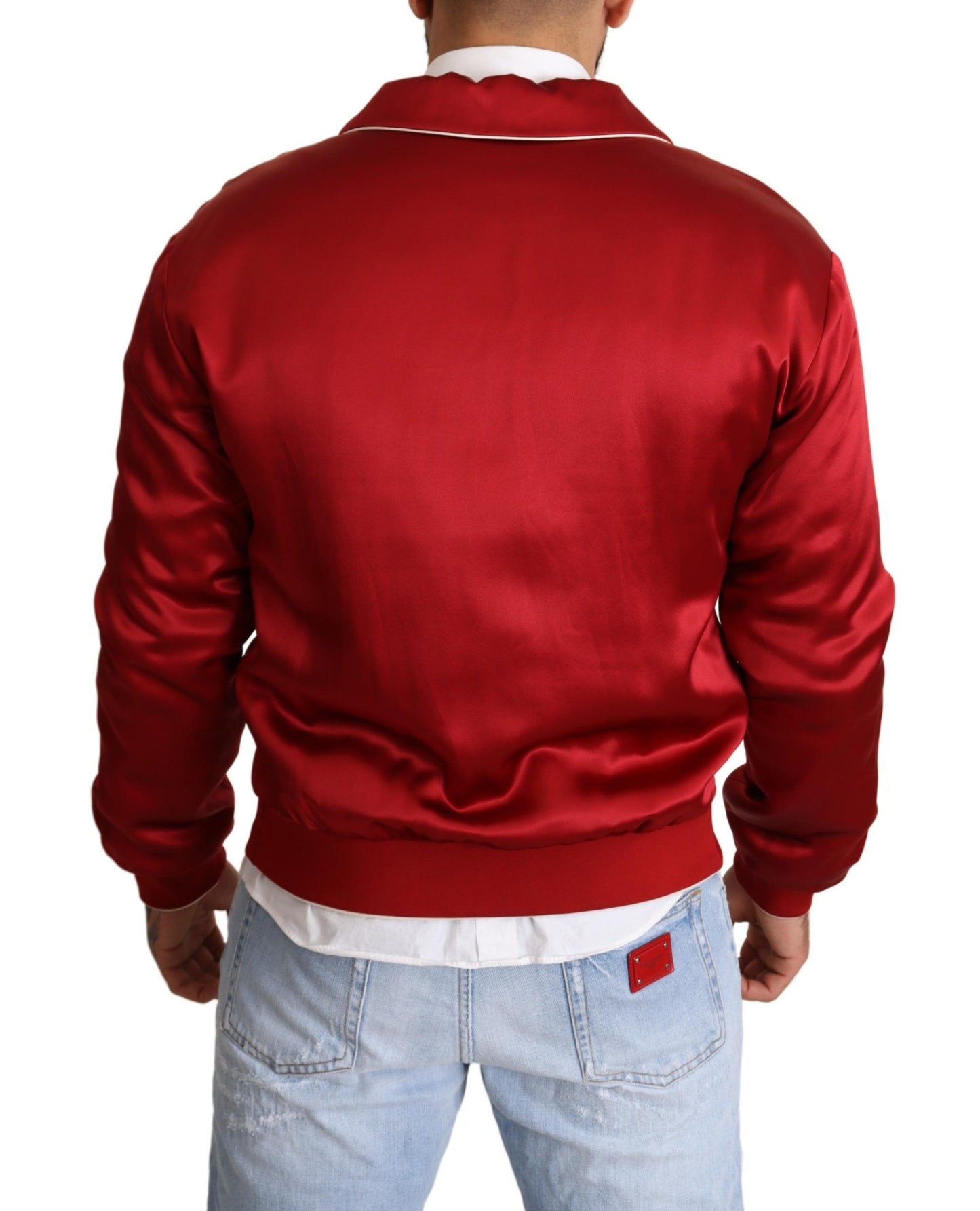 Bomber Jacket en Soie Rouge à Boutons avec Logo DG de Dolce & Gabbana