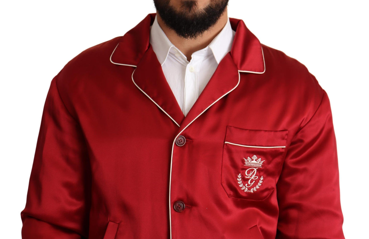 Bomber Jacket en Soie Rouge à Boutons avec Logo DG de Dolce & Gabbana