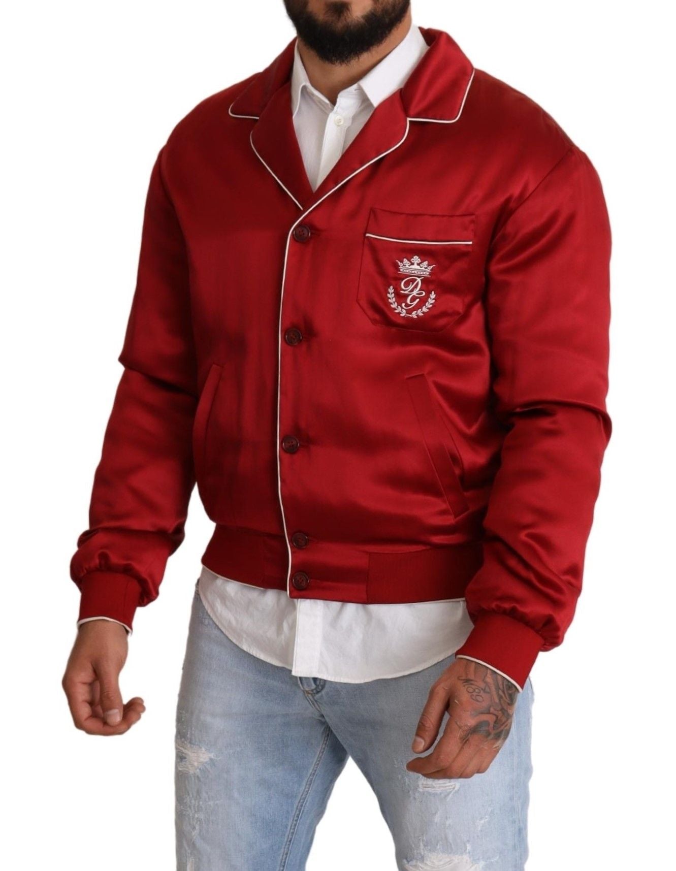 Bomber Jacket en Soie Rouge à Boutons avec Logo DG de Dolce & Gabbana