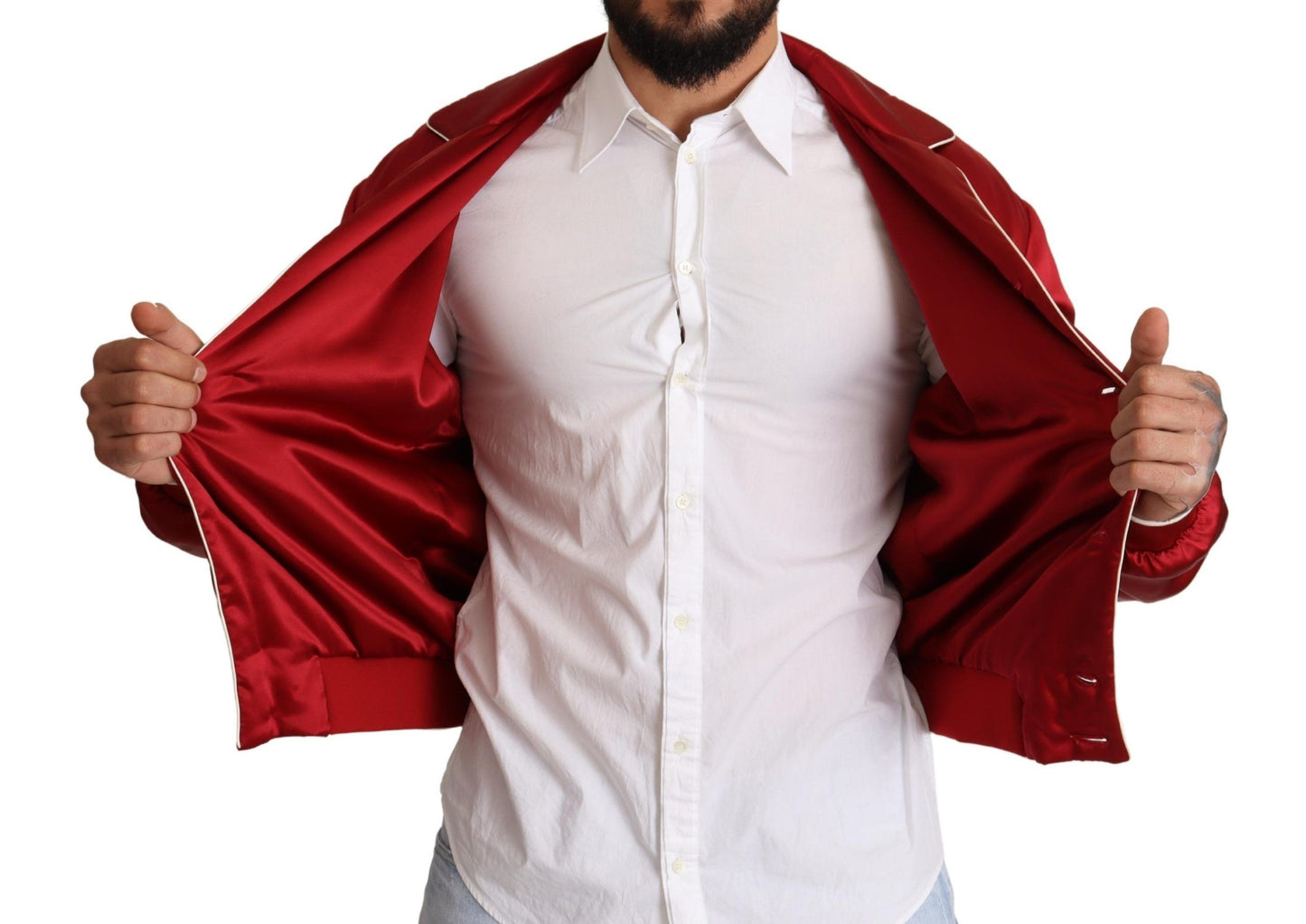 Bomber Jacket en Soie Rouge à Boutons avec Logo DG de Dolce & Gabbana
