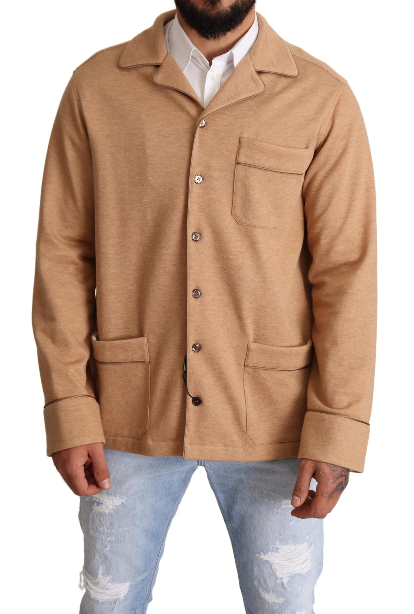 Dolce & Gabbana, veste-manteau en coton brun à col boutonné.