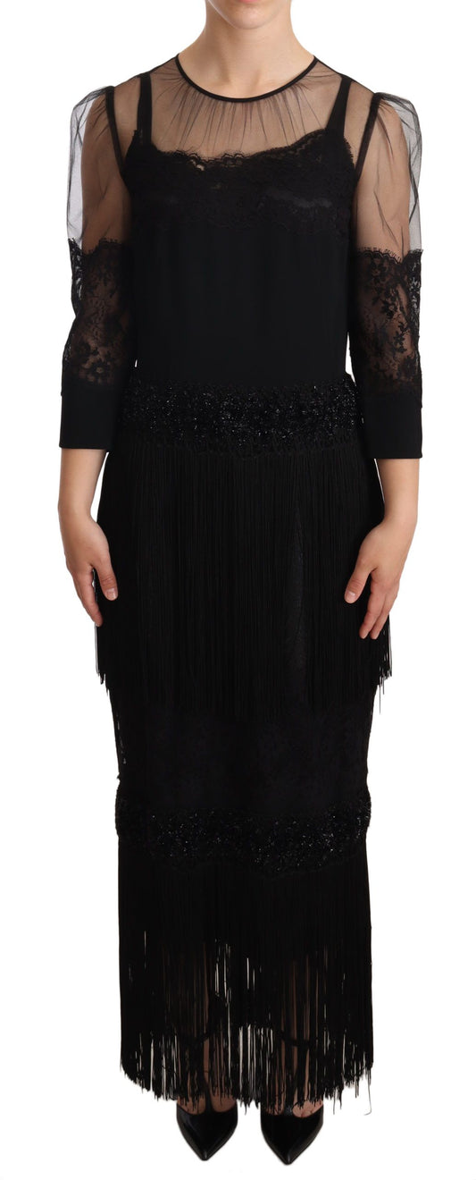 Robe Maxi en Dentelle Florale Transparent Noire avec Cristaux de Dolce & Gabbana