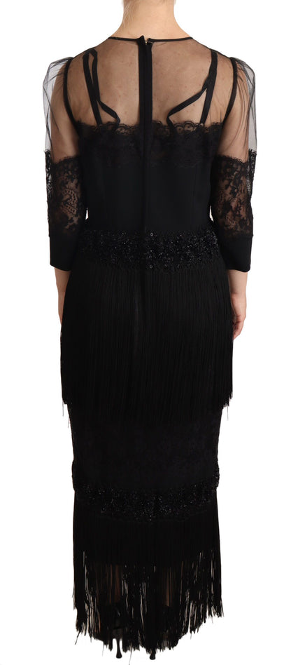Robe Maxi en Dentelle Florale Transparent Noire avec Cristaux de Dolce & Gabbana