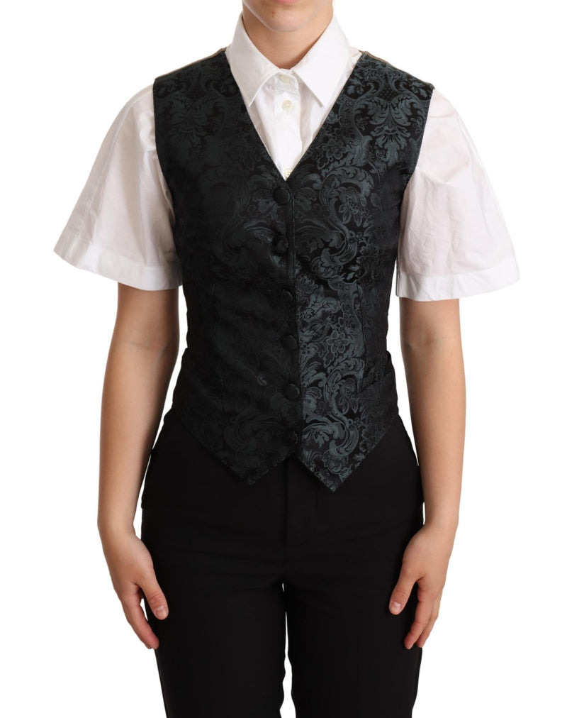 Gilet sans manches Dolce &amp; Gabbana en jacquard noir à motifs floraux vert.
