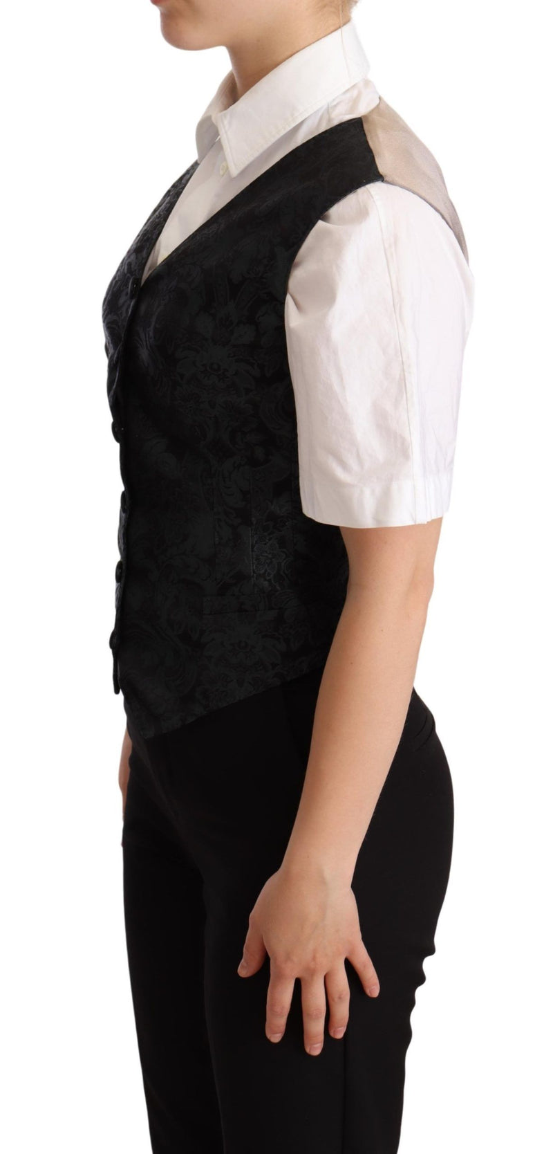 Gilet sans manches Dolce &amp; Gabbana en jacquard noir à motifs floraux vert.