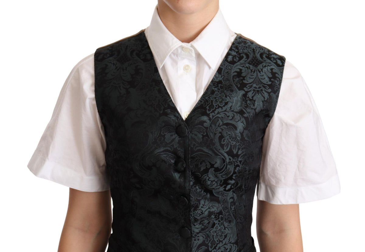 Gilet sans manches Dolce &amp; Gabbana en jacquard noir à motifs floraux vert.