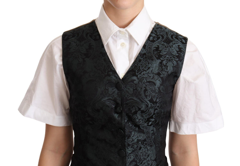 Gilet sans manches Dolce &amp; Gabbana en jacquard noir à motifs floraux vert.