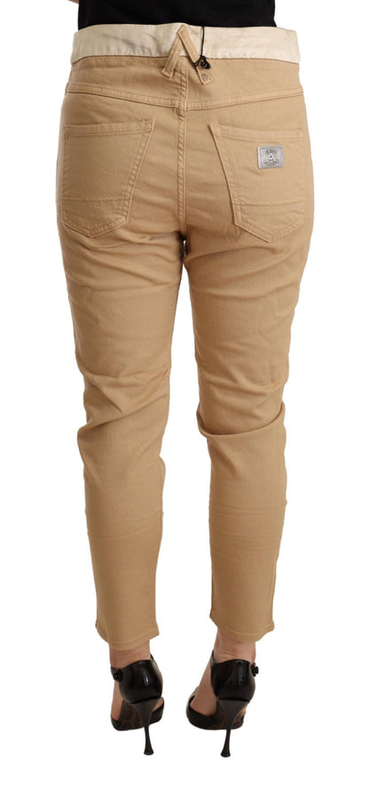 CYCLE Beige broek met hoge taille, smalle pasvorm en stretchmateriaal