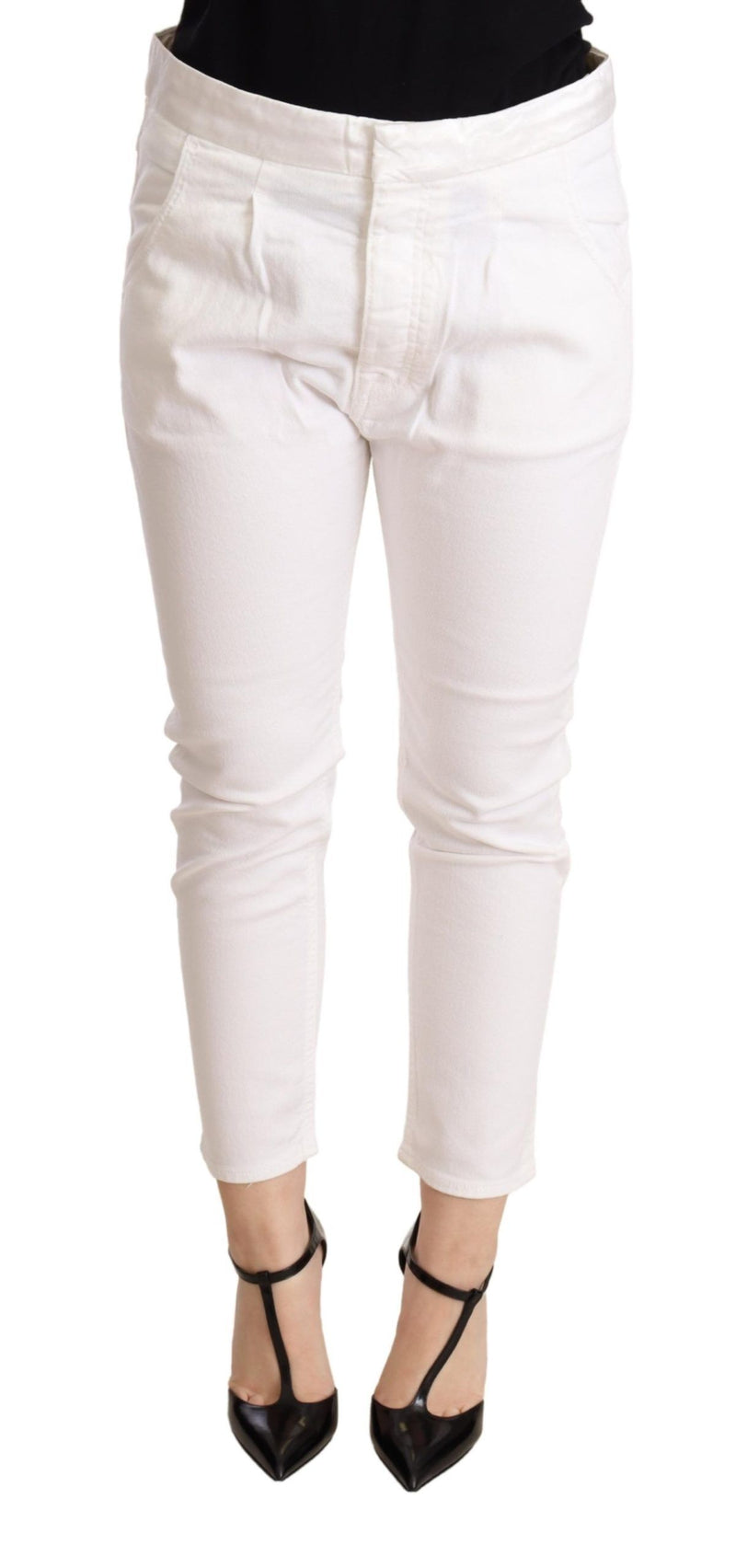 CYCLE Pantalon skinny en coton extensible, taille mi-hauteur, blanc, coupe ajustée.