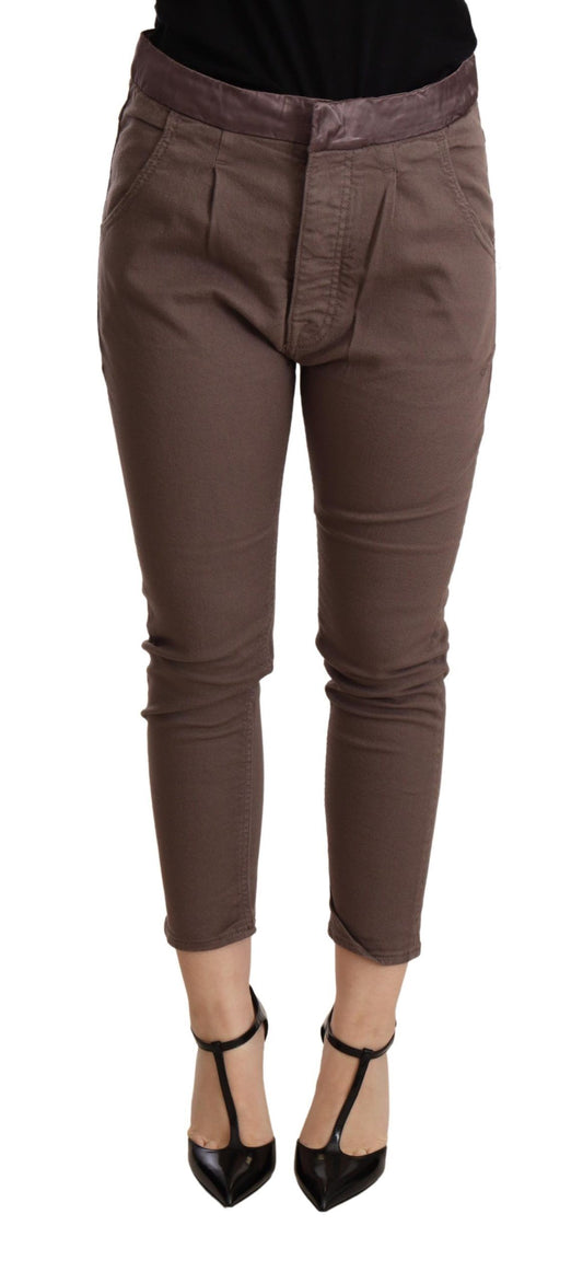 CYCLE Bruine, middelhoge taille, cropped, strakke stretchbroek