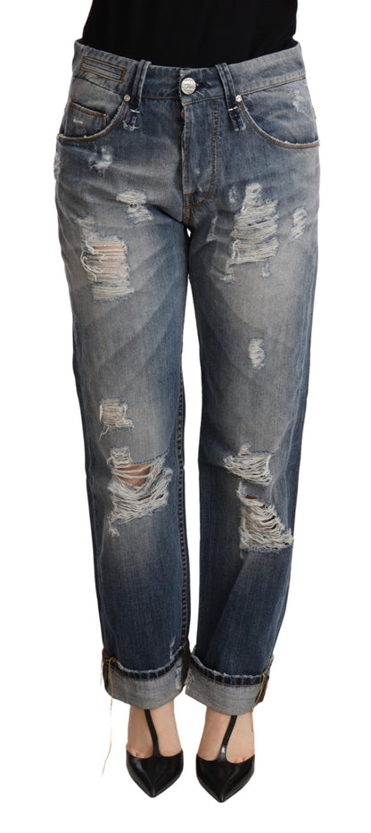 Pantalon en jean droit taille mi-hauteur, bleu déchiré, Acht.