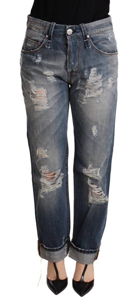 Pantalon en jean droit taille mi-hauteur, bleu déchiré, Acht.