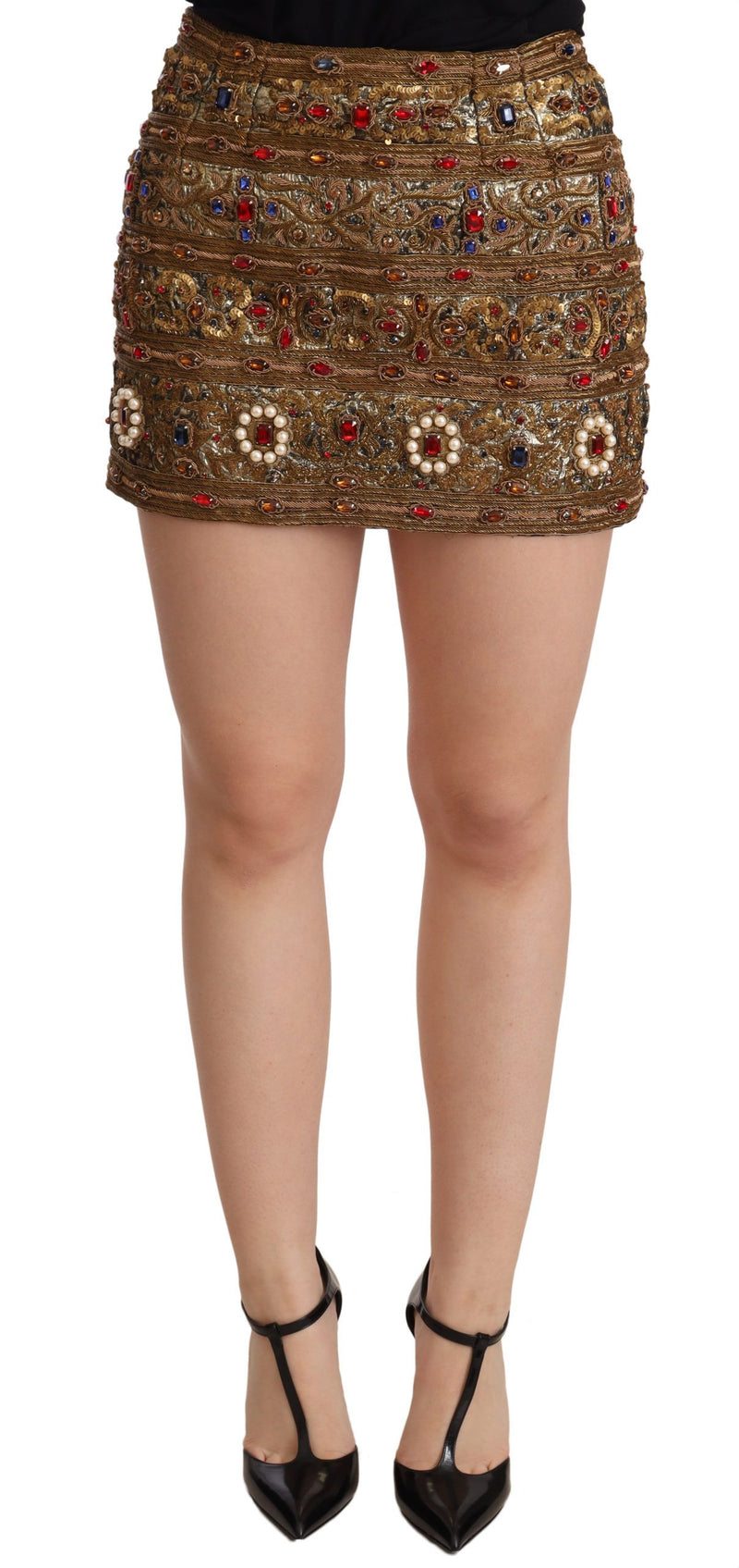 Jupe taille haute en jacquard doré à cristaux de Dolce &amp; Gabbana