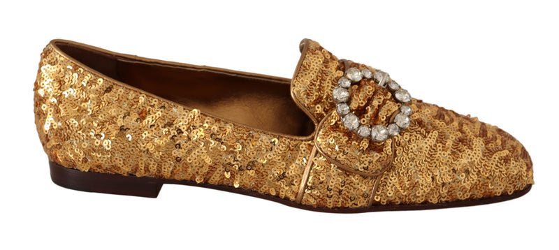 Boutures plates en cuir pour femme Dolce &amp; Gabbana, ornées de paillettes dorées et de cristaux.