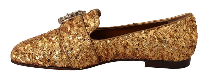 Boutures plates en cuir pour femme Dolce &amp; Gabbana, ornées de paillettes dorées et de cristaux.