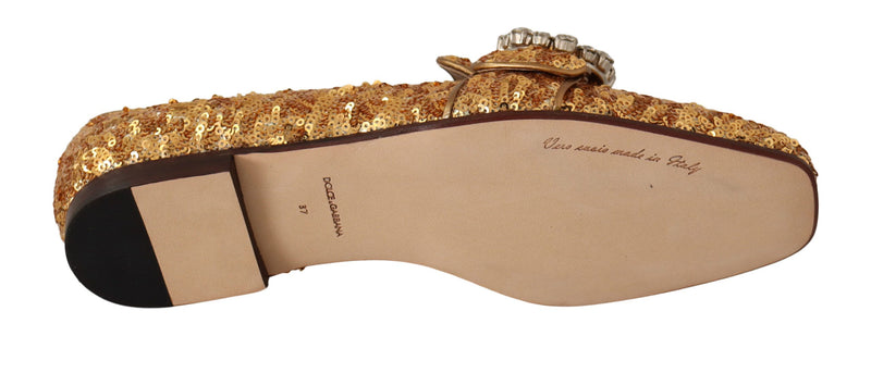Boutures plates en cuir pour femme Dolce &amp; Gabbana, ornées de paillettes dorées et de cristaux.
