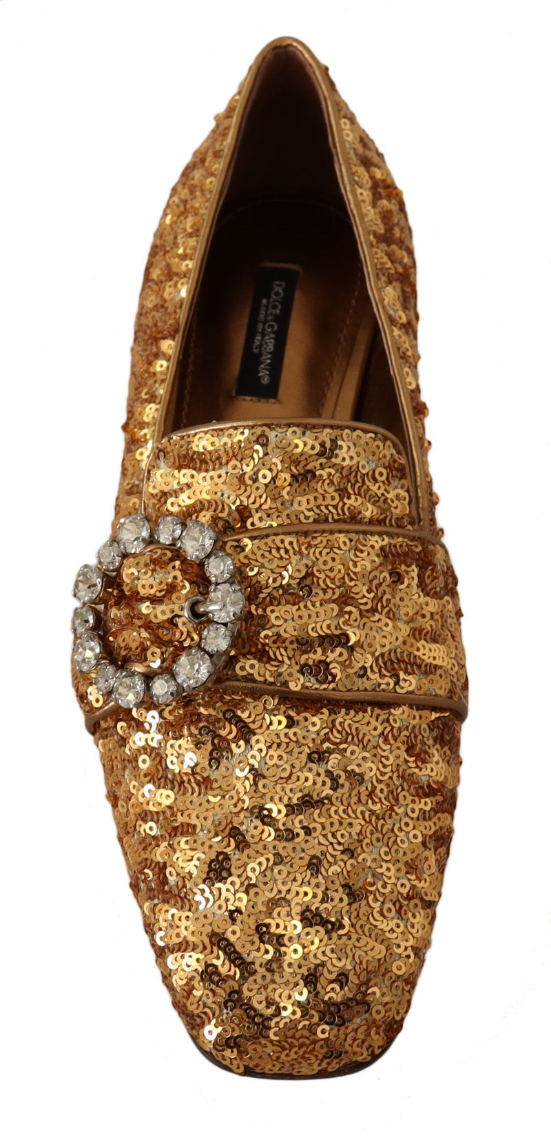 Boutures plates en cuir pour femme Dolce &amp; Gabbana, ornées de paillettes dorées et de cristaux.