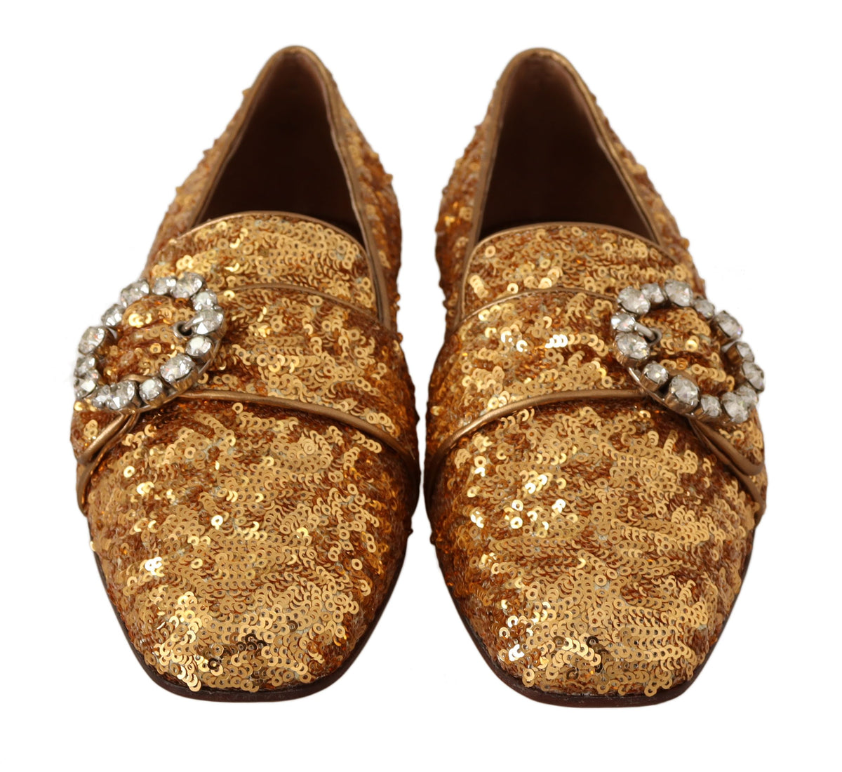 Boutures plates en cuir pour femme Dolce &amp; Gabbana, ornées de paillettes dorées et de cristaux.