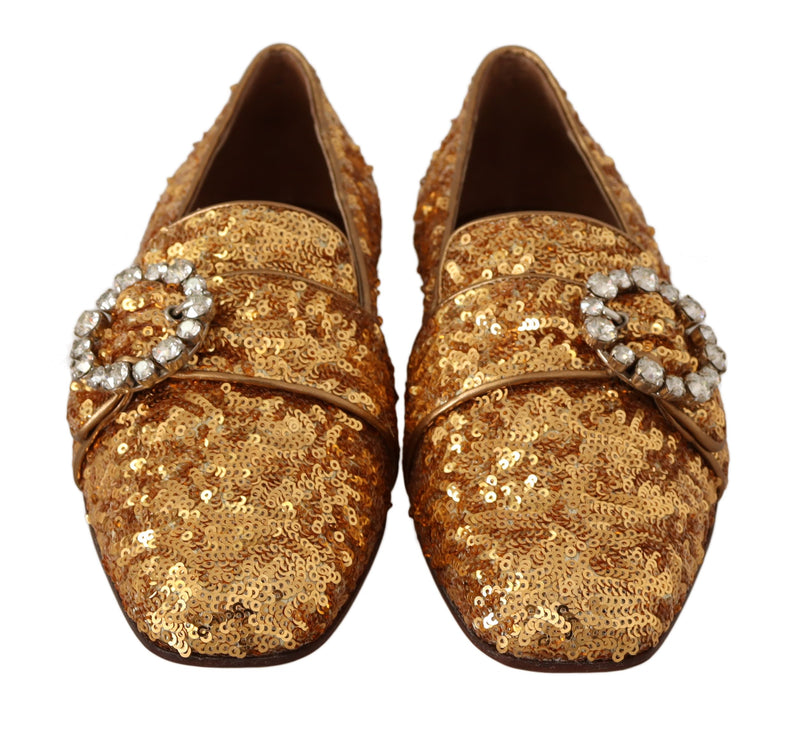 Boutures plates en cuir pour femme Dolce &amp; Gabbana, ornées de paillettes dorées et de cristaux.
