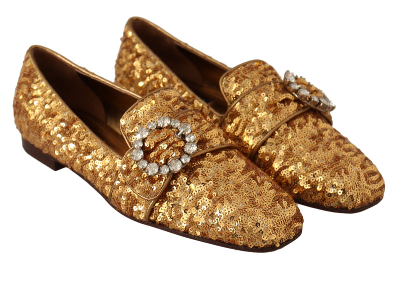 Boutures plates en cuir pour femme Dolce &amp; Gabbana, ornées de paillettes dorées et de cristaux.