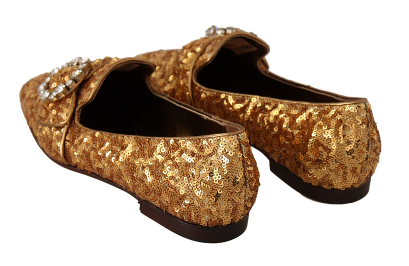 Boutures plates en cuir pour femme Dolce &amp; Gabbana, ornées de paillettes dorées et de cristaux.