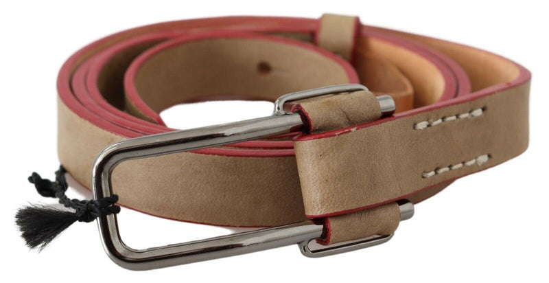 Ceinture en cuir beige avec boucle argentée et logo Costume National