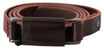 Ceinture en cuir marron à double boucle rustique argentée Costume National