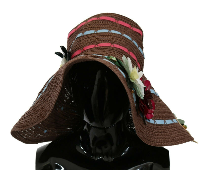 Chapeau en paille tricoté marron à fleurs Dolce &amp; Gabbana