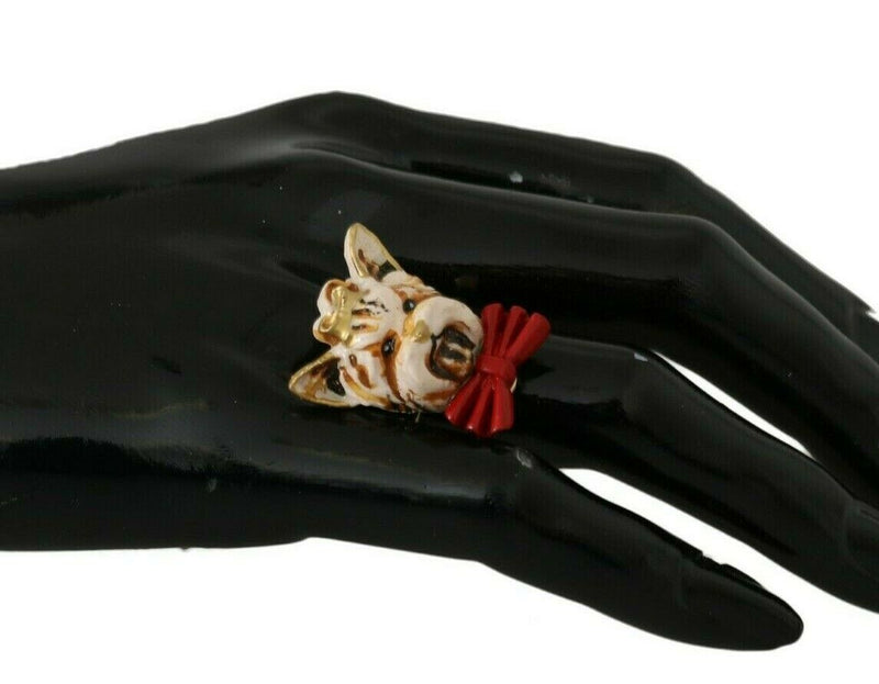 Bague accessoire Dolce &amp; Gabbana en laiton doré et résine beige avec chien de marque