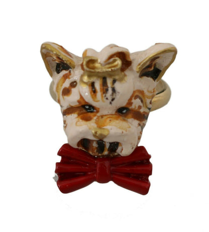 Bague accessoire Dolce & Gabbana en laiton doré et résine beige avec chien de marque