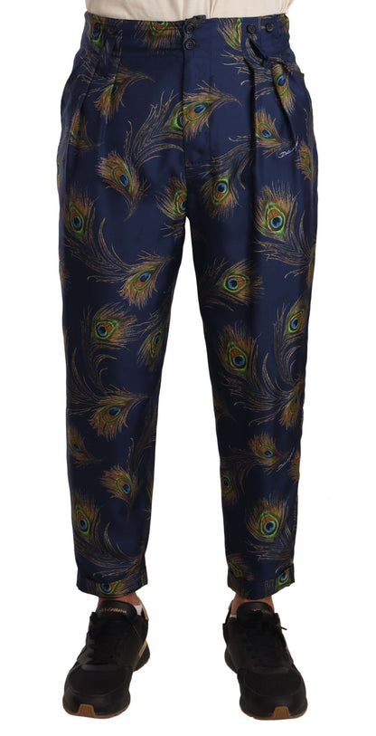 Pantalon en soie à imprimé paon bleu et coupe évasée de Dolce & Gabbana