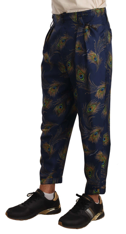 Pantalon en soie à imprimé paon bleu et coupe évasée de Dolce & Gabbana