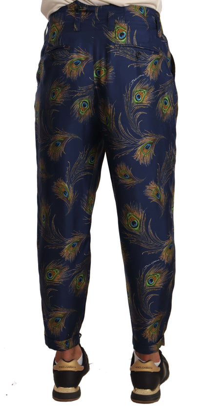 Pantalon en soie à imprimé paon bleu et coupe évasée de Dolce & Gabbana