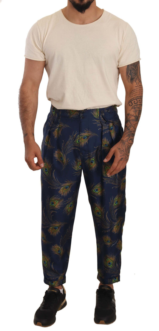 Pantalon en soie à imprimé paon bleu et coupe évasée de Dolce & Gabbana