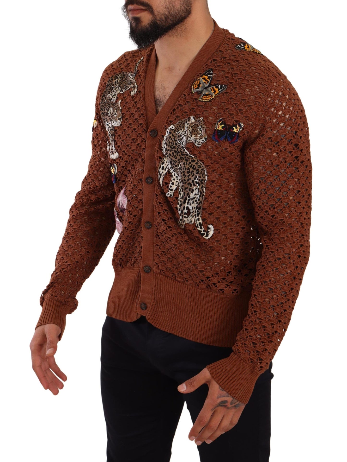 Pull cardigan à motif léopard et papillons marron de Dolce & Gabbana