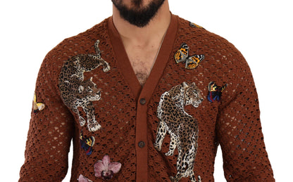 Pull cardigan à motif léopard et papillons marron de Dolce & Gabbana