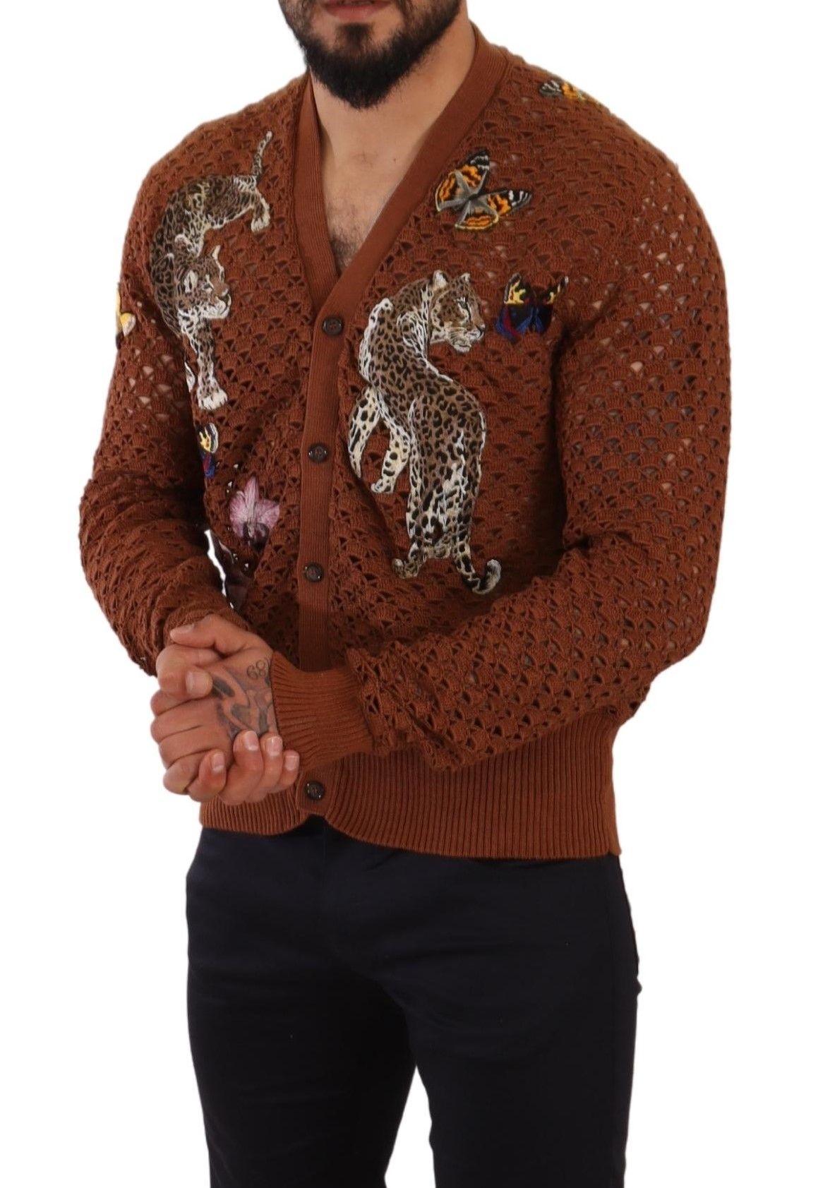 Pull cardigan à motif léopard et papillons marron de Dolce & Gabbana
