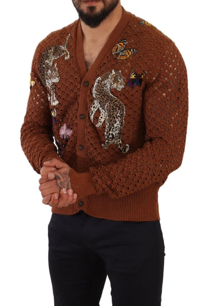 Pull cardigan à motif léopard et papillons marron de Dolce & Gabbana