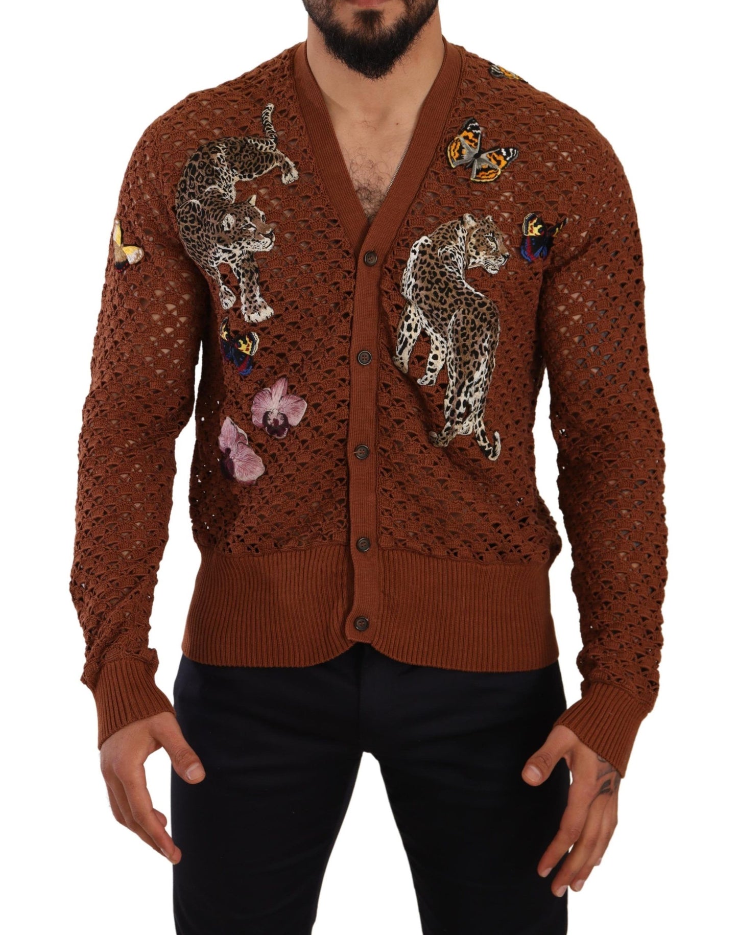 Pull cardigan à motif léopard et papillons marron de Dolce & Gabbana