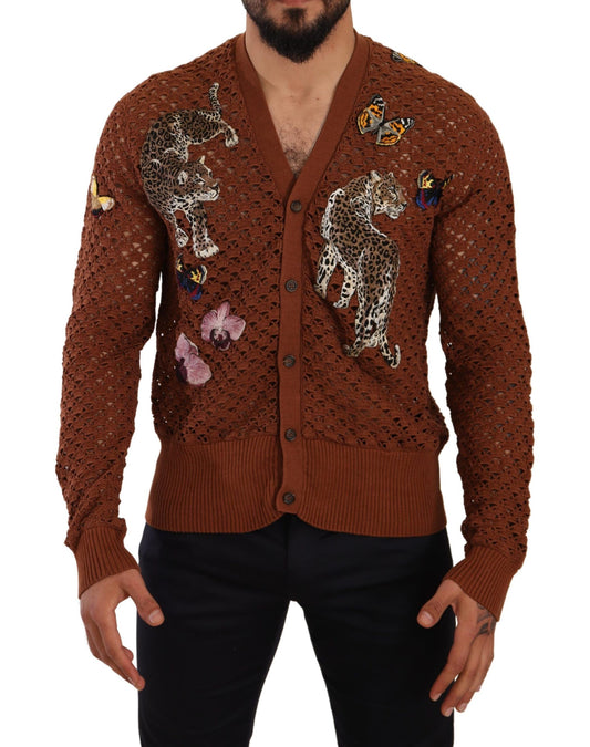 Pull cardigan à motif léopard et papillons marron de Dolce & Gabbana