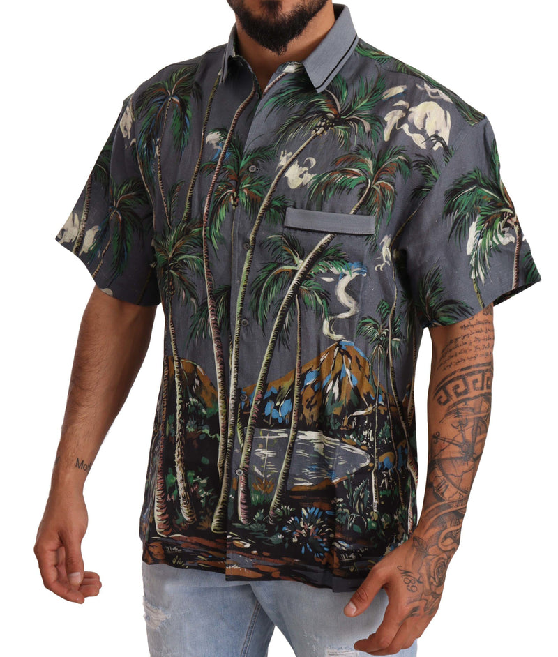 Dolce &amp; Gabbana grijs linnen overhemd met tropisch print en kraag.